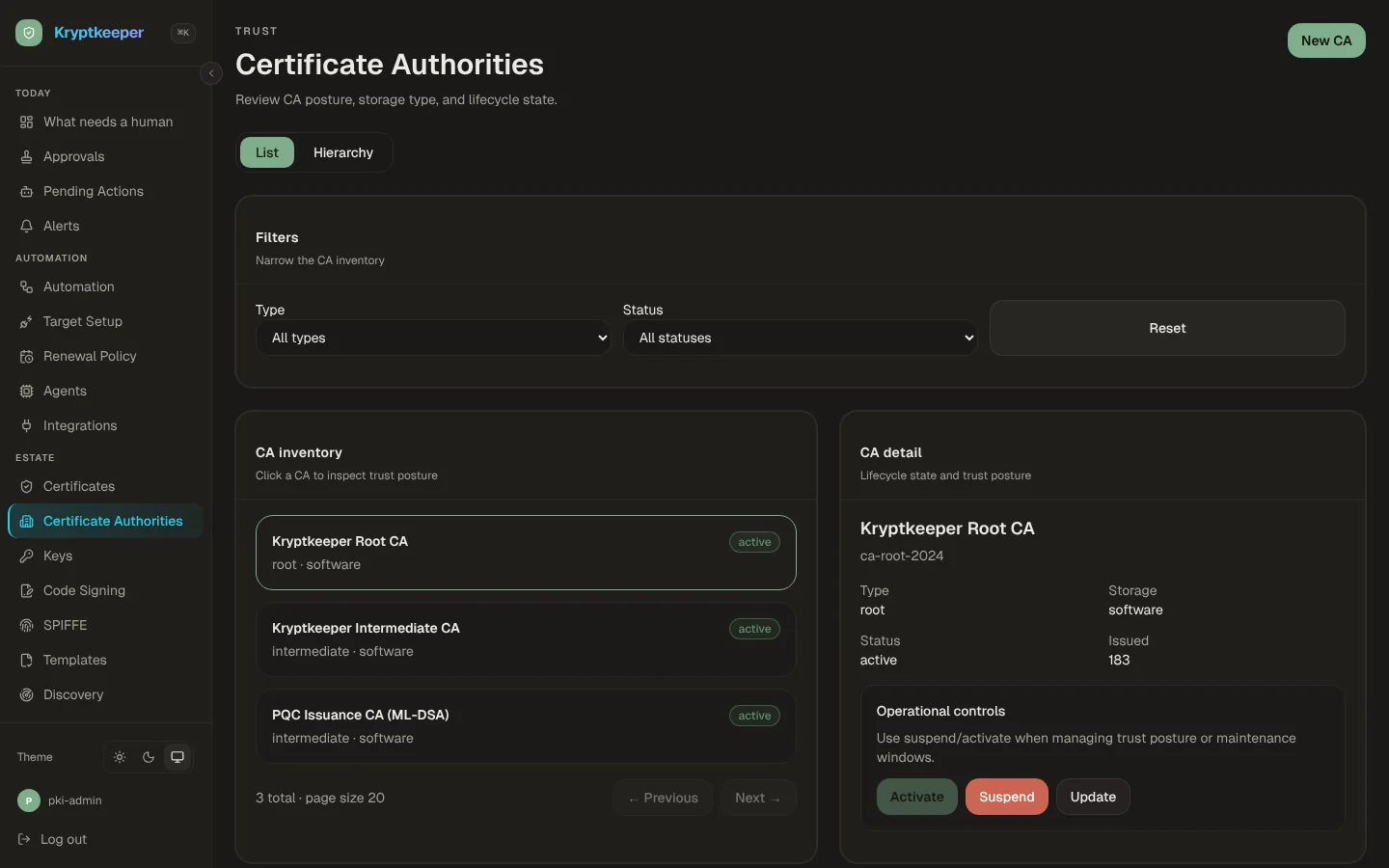 Certificate authority list with a root CA, an intermediate CA and an ML-DSA post-quantum issuing CA