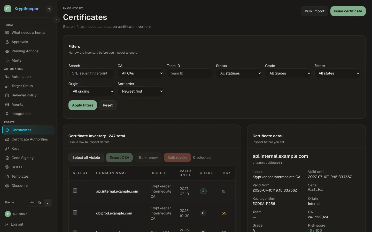 Certificate inventory with filters, grades and risk scores, and a detail panel