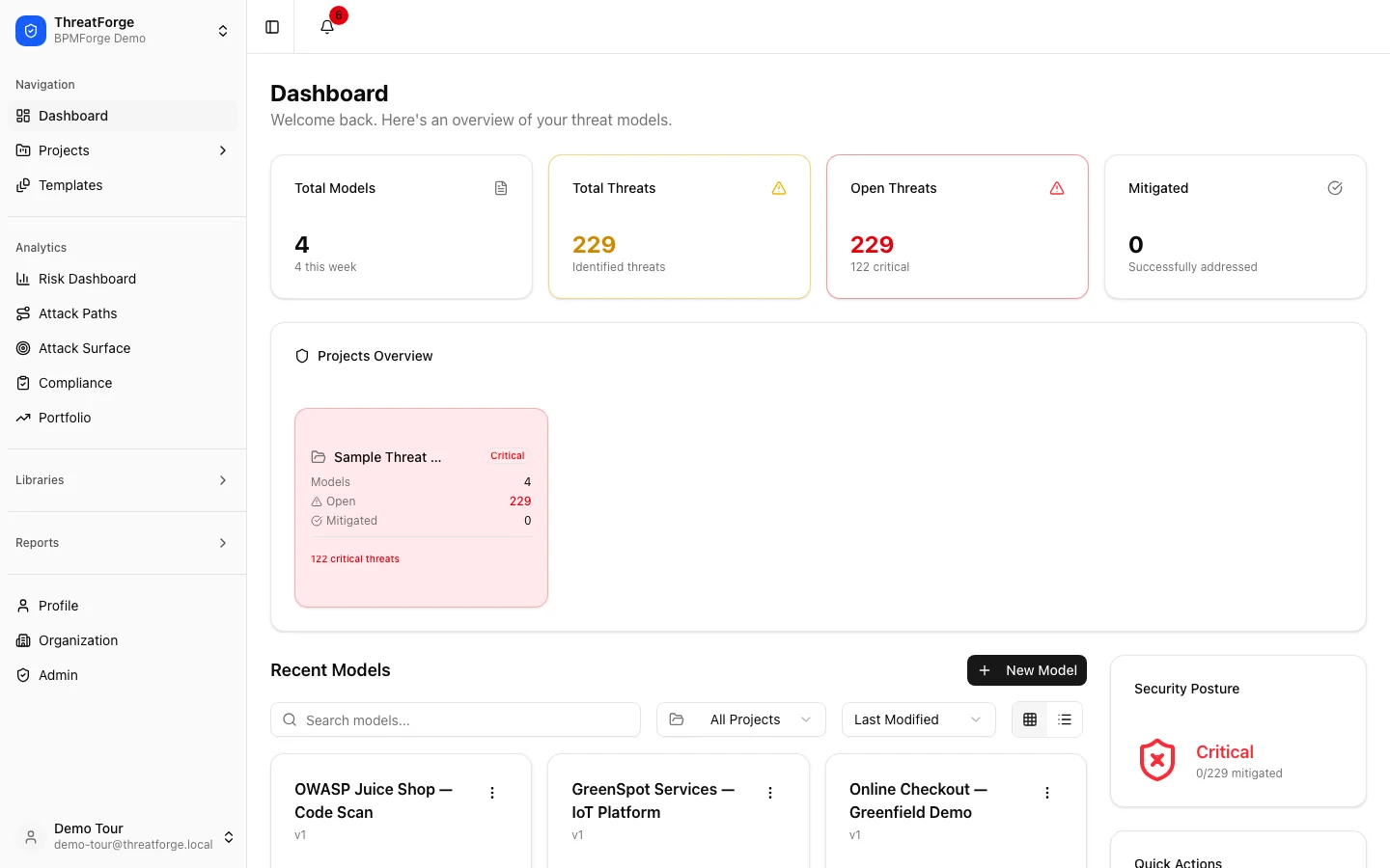 ThreatForge dashboard with models, total and open threats, and recent models